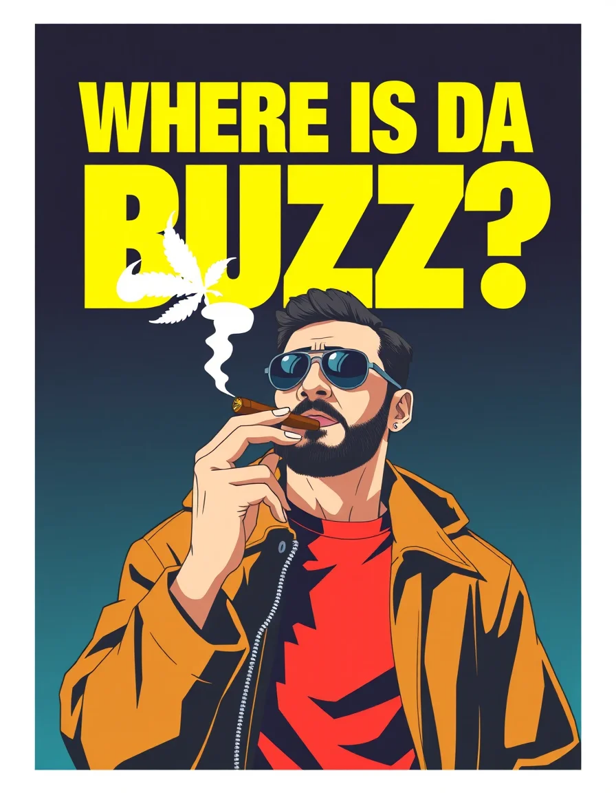 movie poster with BIG BOLD TEXT "WHERE IS DA BUZZ" written at the top with a man smoking marijuana blunt cigar in an anime art styleâââ