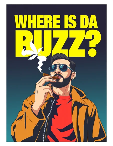 movie poster with BIG BOLD TEXT "WHERE IS DA BUZZ" written at the top with a man smoking marijuana blunt cigar in an anime art styleâââ