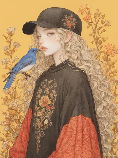 A young person with long, curly hair, wearing a black cap and a red sweater with intricate floral embroidery. They are standing against a backdrop of delicate yellow flowers, with a blue bird perched on their shoulder and a gentle, inquisitive expression,
ddpapa,<lora:Detail_Adamov_V1:0.7>,, masterpiece, best quality,