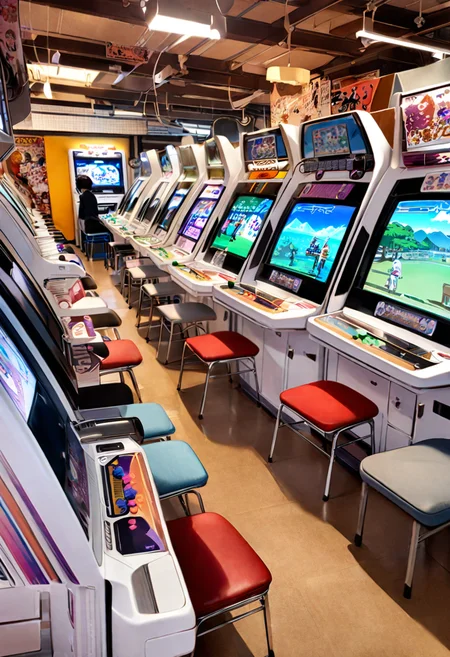 masterpiece, best quality, very aesthetic, absurdres,
game_center, scenery, japan, arcade cabinet, scenery, chair, indoors, poster (object), monitor
 <lora:game_center_SDXL_V1:1>