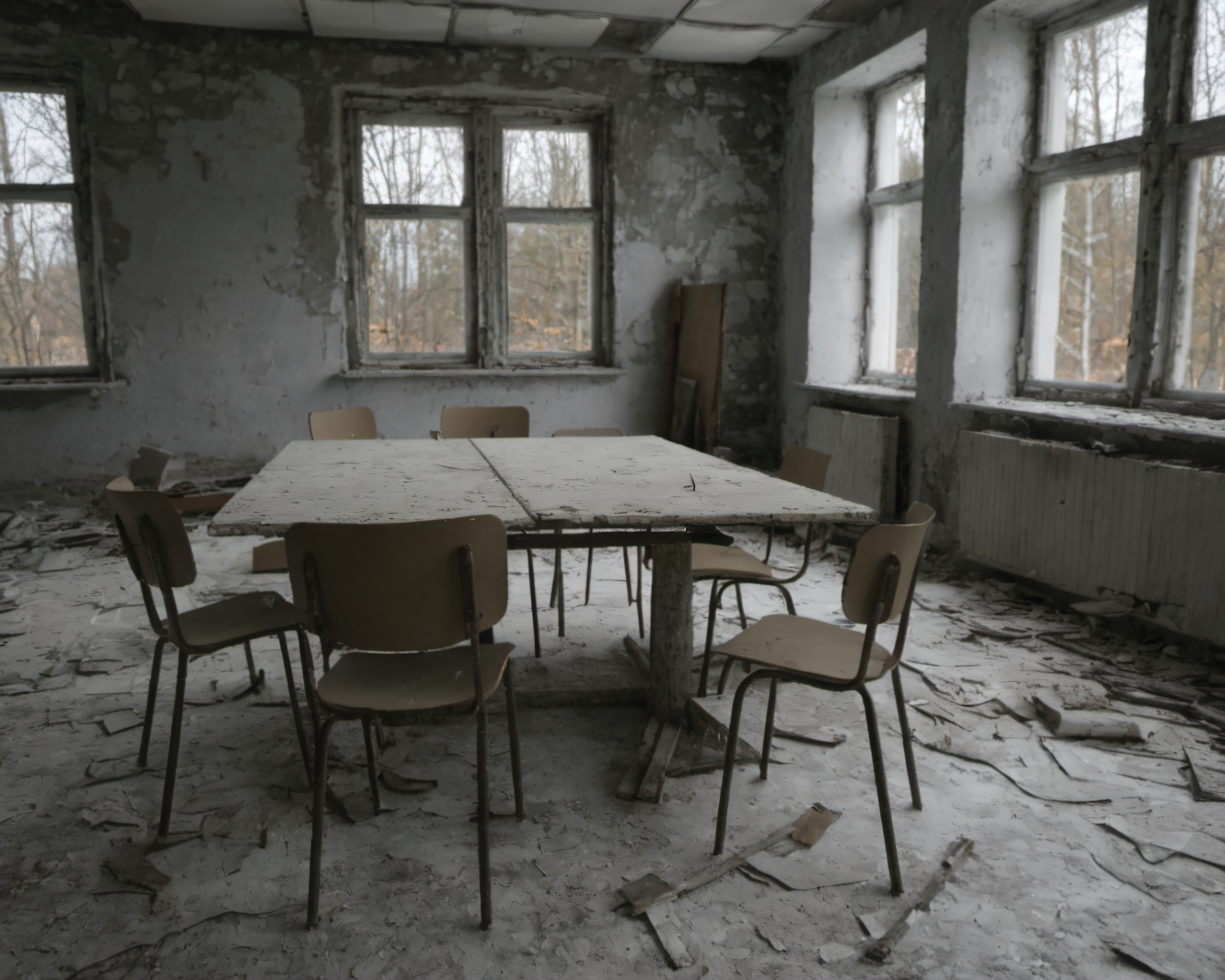 best quality, realistic, vray, hdr, a room with a bunch of chairs and a table, Chern4byl enviroment  <lora:PostApocalyptic_Chernobyl_v3:0.8>