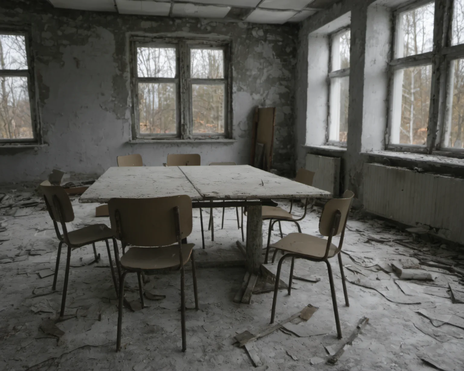 best quality, realistic, vray, hdr, a room with a bunch of chairs and a table, Chern4byl enviroment <lora:PostApocalyptic_Chernobyl_v3:0.8>