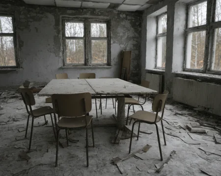 best quality, realistic, vray, hdr, a room with a bunch of chairs and a table, Chern4byl enviroment  <lora:PostApocalyptic_Chernobyl_v3:0.8>