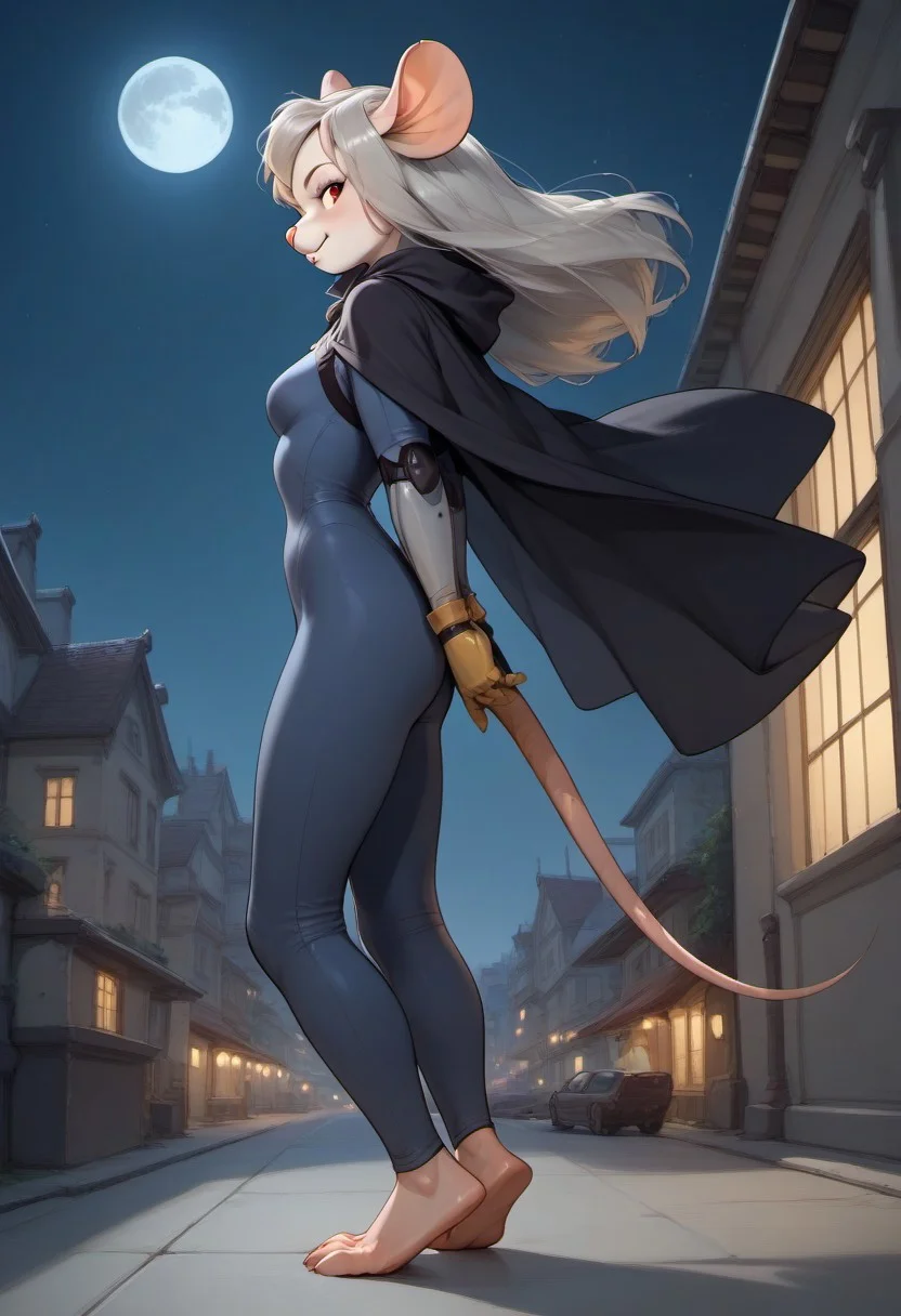 score_9, score_8_up, score_7_up, score_6_up, score_5_up, score_4_up, city, night, moon, moon light widget_h0Ickwrench, black diving suit, mouse girl, anthro mouse, black cloak, light grey hair, long hair, red eyes, white fur, interested look, looking at viewer, 3/4 side view, full body view, mouse feet, standing, inviting to follow, robotic arm