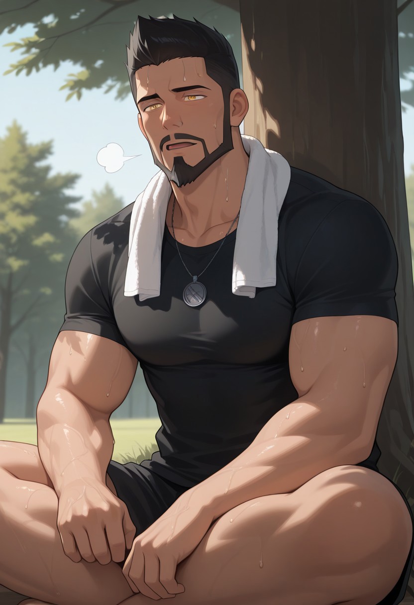 masterpiece, best quality, absurdres, newest, perfect quality, best quality, intricate details, BREAK, 1boy, Vesemir, black hair, short haircut, beard, light yellow eyes, male focus, mature male, muscular BREAK, fur coat, dark gray/black clothes, solo, dinamic
angle, resting, sitting on
the ground, Indian style,
under the shade of a
tree, towel around neck,
exhausted, (panting, out
of breath, gasping for
air, sweating)
