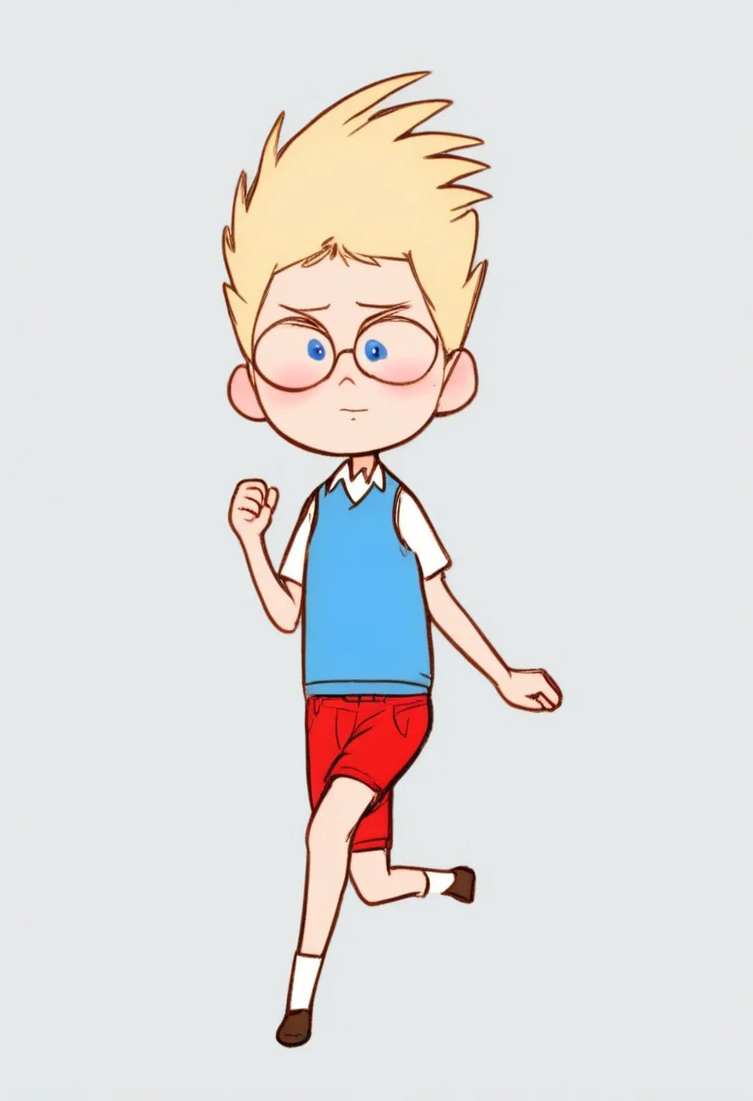 score_9, score_8_up, score_7_up, source_cartoon, solo,1boy, solo, human, male focus, Lewisrobinson, blonde spiky hair, glasses, blue vest, red shorts, white shirt, confident pose, cartoon style, brown shoes, white socks. looking at viewer, standing, dynamic pose, motion blur, motion lines, legs apart, black space background, ng_deepnegative_v1_75t, By bad artist , bad_pictures, fcNeg, chibi,