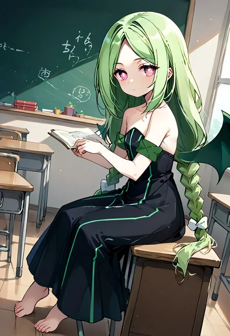score_9, score_8_up, score_7_up, source_anime, momose kajitsu, 1gril, solo, green hair, long hair, parted bangs, twin braids, pink eyes, small breasts, bare shoulders,green striped black dress,strapless, strapless dress, long dress, green armband, wings, barefoot, classroom, chalkboard, day time, studying, sitting, chair, desk, from side, cowboy shot, dutch angle, eye_focus, close-up, solo, looking_at_viewer,