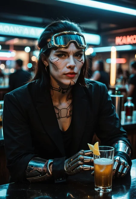 score_9, score_8_up, score_7_up, cyborg, ar3na1989, Kodak Motion Picture Film Style, alien long face, goggles, (neon gold light), bartender, (bokeh), sci-fi, dark atmosphere, moody, dark hair, aesthetic,