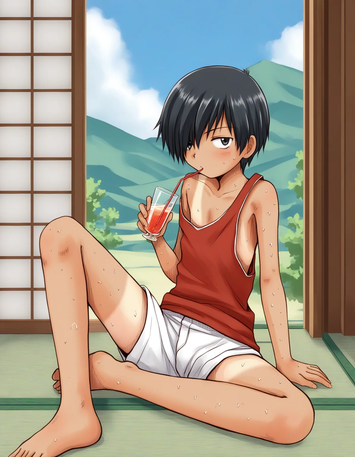 score_7, score_7_up, score_6_up, source_anime, 2020s, indoors, tatami, scenery, fisheye, foreshortening, 1boy, solo, kazuma ikezawa, black hair, hair over one eye, dark brown eyes, red tank top, off one shoulder, white shorts, tanlines, sitting, sweat, drinking glass <lora:Kazuma_Ikezawa_Summer_Wars_-_Pony:0.85> <lora:boys_factoryXL_AMXL_v3b:0.95>