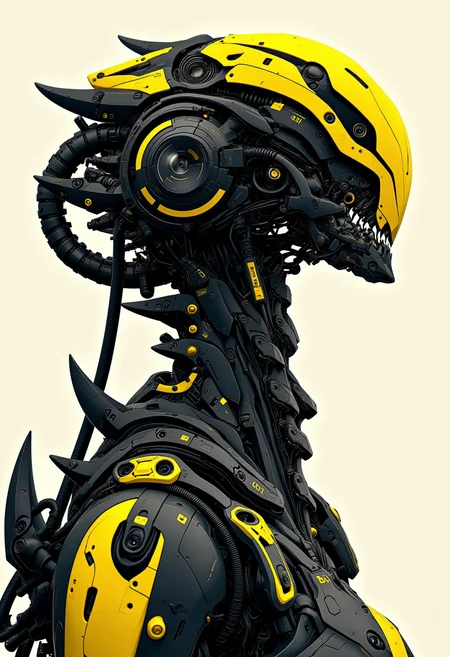 a side view of a mechanical or robotic entity with intricate design elements predominantly in shades of black and yellow. The medium appears to be digital art given the precision and the level of detail present<lora:- Flux1 De-Distilled - the_edgy_mech_1.0:0.8>