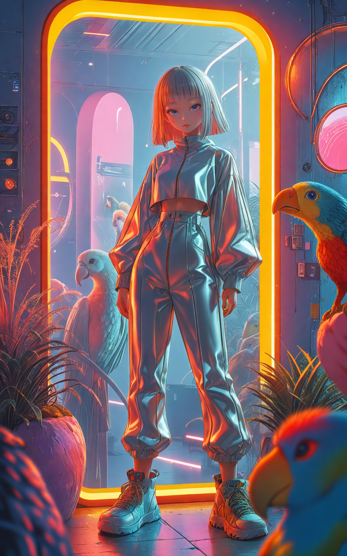 1girl (solo),Niji_style,looking_at_viewer,fashion,blunt_bangs_bunches,high-waist_skirt,sneaker,The clothes are made of high-tech lightweight fabrics,(bule,silver and orangered theme:0.1),Futuristic Retro Vibes,in the style of<lora:unreal_engine_futuristic_mirror_style:0.5>,(parrot,futuristic,mirror),Cinematic Lighting,(lens_flare:0.1),(metallic luster:0.1),Perfect body,perfect face,perfect hands,full shot body photo of the most beautiful artwork in the world<lora:ç»ªå¿ çµå½±å§ç§:0.8><lora:add-detail-xl:1><lora:DD-pnte-neg-v1:-1.5><lora:MJ52:0.5>,ziprealism,