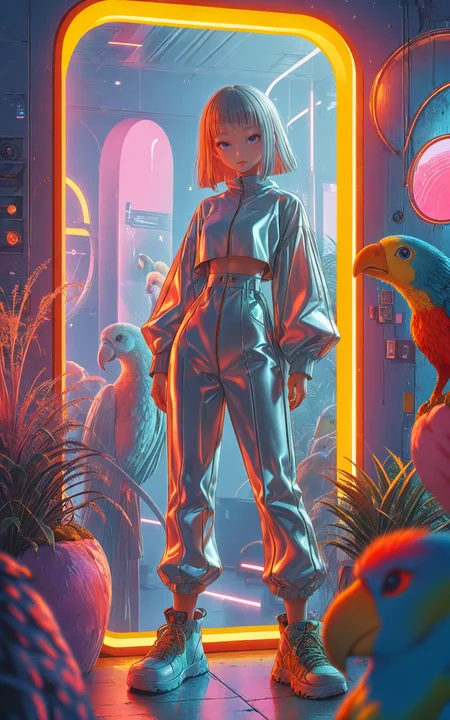 1girl (solo),Niji_style,looking_at_viewer,fashion,blunt_bangs_bunches,high-waist_skirt,sneaker,The clothes are made of high-tech lightweight fabrics,(bule,silver and orangered theme:0.1),Futuristic Retro Vibes,in the style of<lora:unreal_engine_futuristic_mirror_style:0.5>,(parrot,futuristic,mirror),Cinematic Lighting,(lens_flare:0.1),(metallic luster:0.1),Perfect body,perfect face,perfect hands,full shot body photo of the most beautiful artwork in the world<lora:ç»ªå¿ çµå½±å§ç
§:0.8><lora:add-detail-xl:1><lora:DD-pnte-neg-v1:-1.5><lora:MJ52:0.5>,ziprealism,