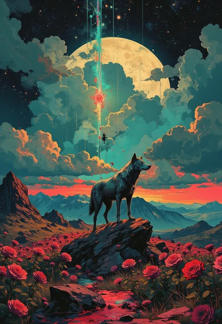 Vector art, <lora:Hyper-FLUX.1-dev-8steps-lora:0.125>, <lora:detailed city by Kanto:0.5>, detailed field,A field full of black roses during a novaburst with the sky lit up in red and teals, Stars and a nebula shining through,<lora:NeoPigma:0.35>, NeoPigma,<lora:ck-shadow-circuit:0.35>,in the style of cksc, <lora:FLUX-daubrez-DB4RZ-v2:0.3>,DB4RZ, <lora:Luminous_Shadowscape:0.3>,((large silver wolf with stunning blue eyes)),<lora:CPA:0.5> an air of melancholic reverie, ensconced amidst a phantasmagoric bloom of chromatic hues.((A bleeding moon)) Rendered in a style redolent of Impressionism, the painting utilizes a vibrant, high-key palette dominated by ethereal blacks and punctuated by strokes of chrome and gold. Position the subject on a rock, suspended amidst a riotous profusion of sharp rocks, The camera angle should be slightly low, lending an air of gentle ascension to the composition. The background should dissolve into an abstract symphony of cold blues suggestive of a radiant, moon-drenched night. The overall ambiance should evoke a sense of ephemeral beauty, tinged with a whisper of wistfulness. Symbolist chiaroscuro, tenebrist, volumetric lighting, subtle halation, high-contrast, film grain, lime green color grading, high dynamic range, S-curve gamma