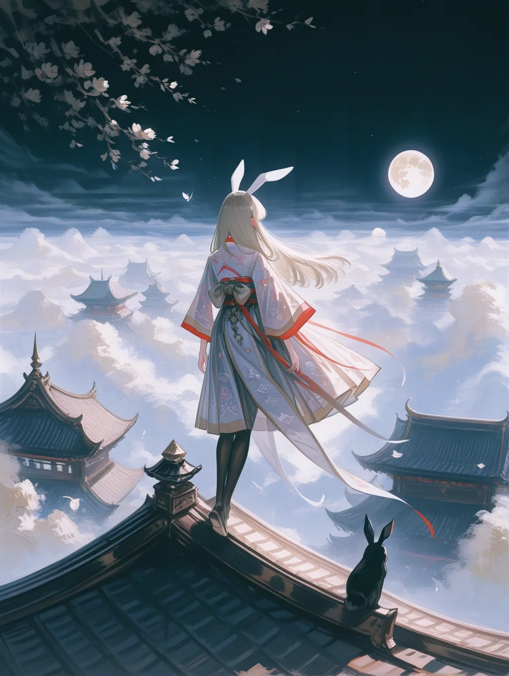 masterpiece, best quality, amazing quality, very aesthetic, absurdres, newest, A beautiful traditional Chinese woman gracefully stands on the clouds at the edge of the roof, Walking on the clouds, her elegant silhouette outlined against the dark night sky., She gazes up at the full, round moon that illuminates the heavens with a soft, ethereal glow. Her delicate hanfu, embroidered with intricate patterns, flow gently in the night breeze, catching the faint light of the moon. Naughty bunny ears, <lora:ponyv4_noob1_2_adamW-000017:0.7000000000000001> <lora:USNR_STYLE_XL_lokr:1>