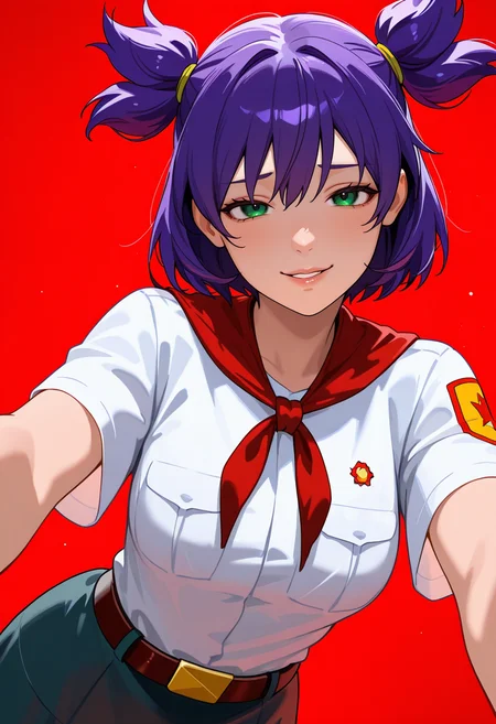 masterpiece,best quality,amazing quality,absurdres,
<lora:un:1> unlblch, 1girl, purple hair, two sides up, short hair, green eyes, white shirt, short sleeves, skirt, red neckerchief, belt, looking at viewer,
(painterly, painting \(medium\):1.2). smug. leaning forward. dynamic pose. dutch angle. 1girl solo. portrait facing viewer. straight-on. reaching towards viewer. sharp fingernails. looking at viewer. parted lips, lips. nose. red background, simple background. yandere. horror \(theme\)