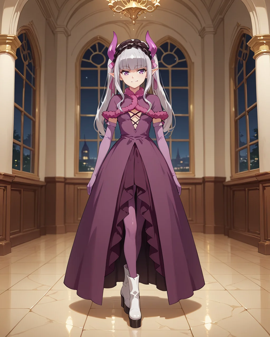 masterpiece,best quality,very aesthetic,semi-realistic,
shiny skin,
BREAK
indoors,night,grand ballroom with high ceilings,large open hall,golden tiled floor,regal aesthetic,dim,Middle Ages,
BREAK
shelia,1girl,solo,horns,grey hair,small_breasts,blunt bangs,bangs,long_hair,purple eyes,pointy_ears,twintails,
fur trim,gloves,elbow_gloves,ribbon,long_dress,hair ribbon,hairband,dress,purple dress,purple pantyhose,white boots,platform_footwear,
smirk,
<lora:Shelia_Illustrious:1>,