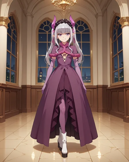 masterpiece,best quality,very aesthetic,semi-realistic,
shiny skin,
BREAK
indoors,night,grand ballroom with high ceilings,large open hall,golden tiled floor,regal aesthetic,dim,Middle Ages,
BREAK
shelia,1girl,solo,horns,grey hair,small_breasts,blunt bangs,bangs,long_hair,purple eyes,pointy_ears,twintails,
fur trim,gloves,elbow_gloves,ribbon,long_dress,hair ribbon,hairband,dress,purple dress,purple pantyhose,white boots,platform_footwear,
smirk,
<lora:Shelia_Illustrious:1>,