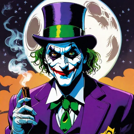 The Joker smoking a large pipe filled to the brim with marijuana while wearing a tophat. outside at night under the moon. eyes alight with a mystical wonder, grinning smile