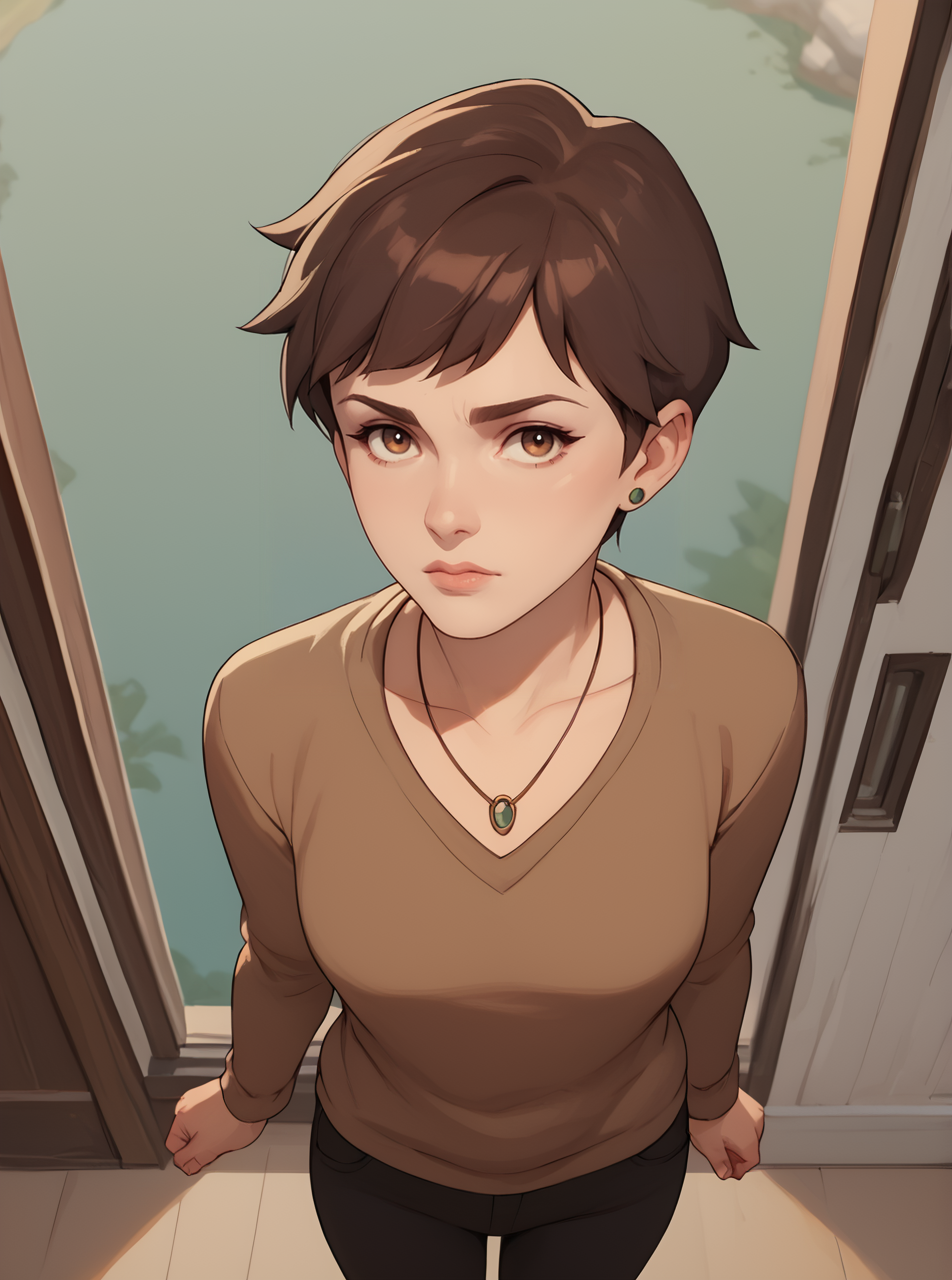 score_9, score_8_up, score_7_up, 1girl, cartoon, western animation, looking at viewer, flat colors, outline, standing, full body, from above, <lora:ellenkpxl:1>, ellenkpxl, short hair, brown hair, brown sweater, necklace