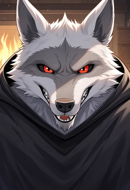 best quality, newest, absurdres, highres, 1boy,solo,Anthro,Deathwolf, Wolf, Black Sclera, Red Eyes, white fur,black hooded cloack,face focus,sharp teeth,living room