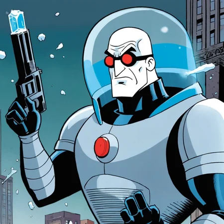comic book art of <lora:Mr. Freeze:1.2>
Mr. Freeze a cartoon character holding a frozen ice cold gun In Gotham City, comic art, graphic novel illustration