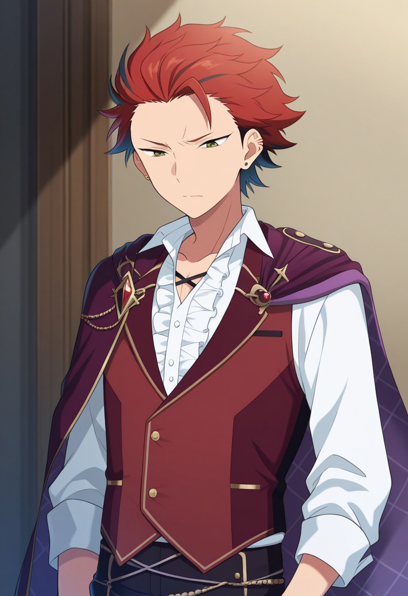 masterpiece,best quality,amazing quality, source_anime, 
kuroooky, 1boy, male focus, solo, green eyes, red hair, multicolored hair, jewelry, earrings, ear piercing, shirt, white shirt, collared bone, center frills, vest, red vest, cape, purple cape, plaid lining,
