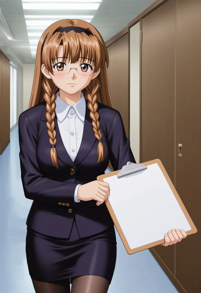 1girl,solo,masterpiece,best quality,good quality,newest,
indoors, hallway, office room,
blush, closed mouth, looking at viewer,
solo,medium breasts,
2000s (style),anime screencap,
karyuin_tomoe (kaen seibo: the virgin on megiddo),1girl,brown hair,hairband,braids sidelocks,long hair,brown eyes,very long hair,
long hair,brown eyes,
1girl,brown hair,hairband,braids sidelocks,long hair,brown eyes, business_suit,pencil_skirt,pantyhose,rimless_eyewear,holding clipboard,walking,