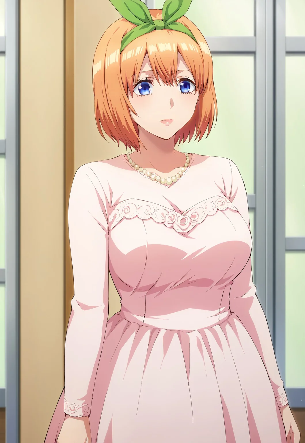 score_9, score_8, score_7, source_anime, wedding dress, yotsuba nakano, bangs, short hair, blue eyes, hair between eyes, hair ribbon, hairband, orange hair, green ribbon, mature female, 1girl, solo,