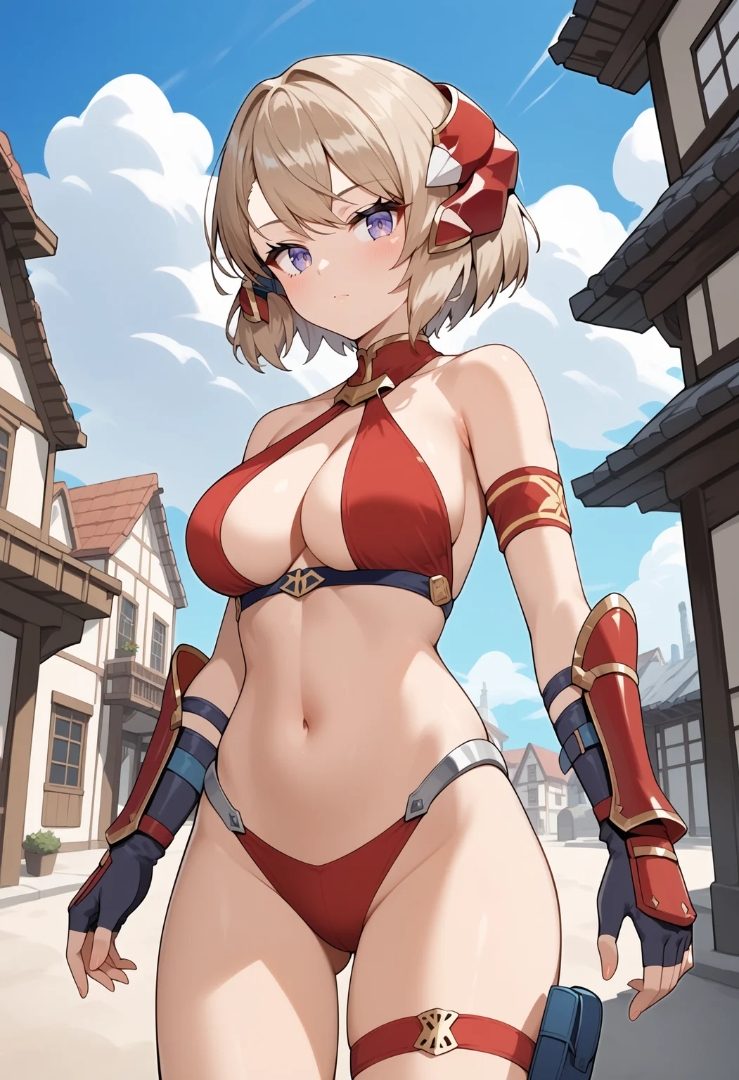 score_9, score_8_up, score_7_up, score_6_up, score_5_up, score_4_up, source_anime, ddz23, short hair, headgear, halterneck, bare shoulders, cleavage, red bikini, arm strap, gauntlets, elbow gloves, fingerless gloves, black gloves, thigh strap, <lora:z23_(azur_lane)_ponyxl_v1:0.9>, standing, cowboy shot, outdoors, town