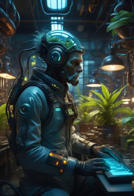 Very old bio-engineer in a chempunk city, calm and calculating expression, dressed in sleek, protective gear, working in a high-tech lab with bioluminescent plants and creatures, air filled with the scent of altered flora and chemical reagents, distant sounds of genetic machinery and experimental creatures, use of 'high resolution', '8k', 'hyper-detailed', 'chempunk', 'dramatic lighting' to highlight the bio-engineered elements, 'depth of field' for immersive effect, 'HDR' for high dynamic range