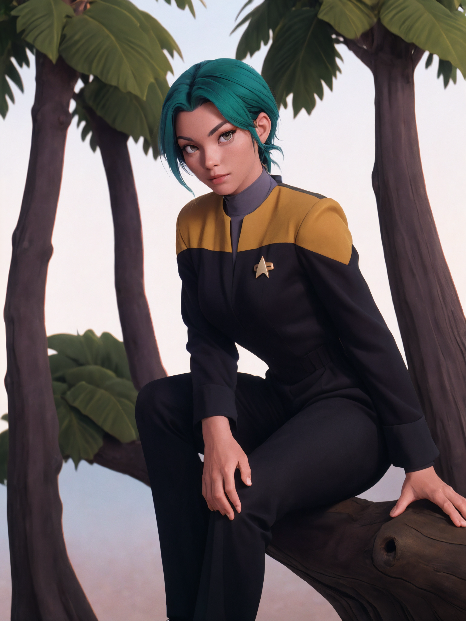 young handsome woman with green hair in voyunf gold and black uniform,black pants,black sleeves,sitting,on a tree trunk<lora:Voy6batchDebiasGold:0.8>