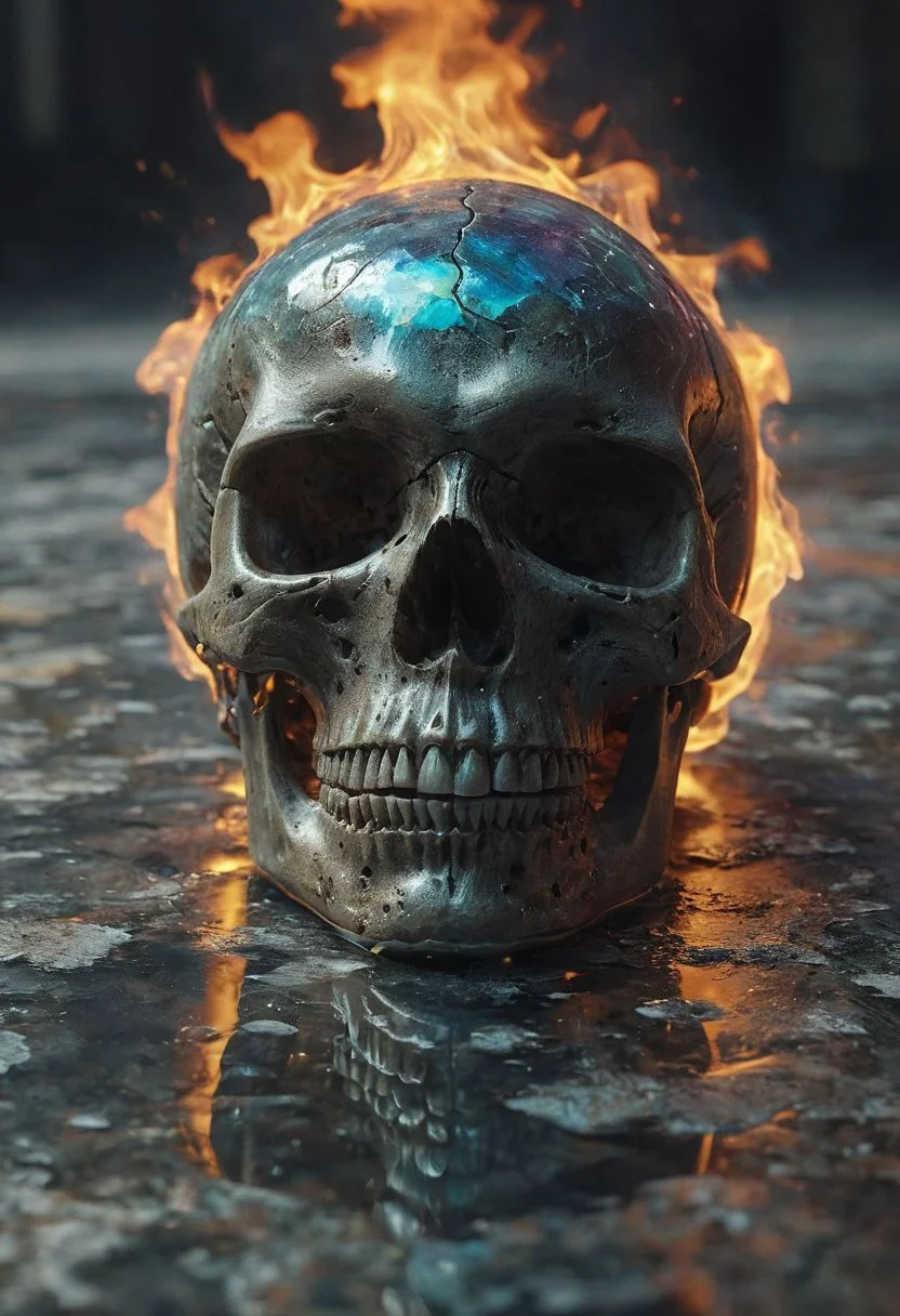 Skull made with crystalline carapace, iridescence color, fine reflection, water on the floor, reflections, intricate complexity details,
Wide range of colors., fire and ice, Dramatic,Dynamic,Cinematic,Sharp details
Insane quality. Insane resolution. Insane details. Masterpiece. 32k resolution.