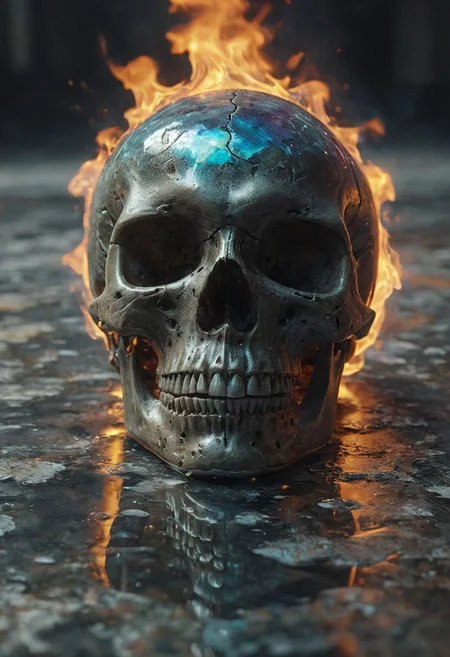 Skull made with crystalline carapace, iridescence color, fine reflection, water on the floor, reflections, intricate complexity details,
Wide range of colors., fire and ice, Dramatic,Dynamic,Cinematic,Sharp details
Insane quality. Insane resolution. Insane details. Masterpiece. 32k resolution.