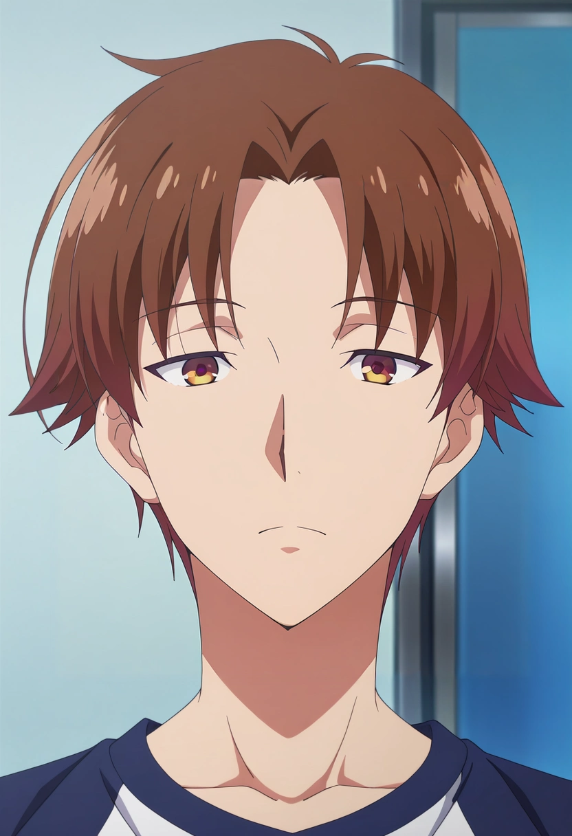 masterpiece, best quality, , anime screencap, anime coloring, official style, looking at viewer, 1boy, solo, male focus, <lora:kiyotaka_ayanokouji_ilxl:0.9>, kiyotaka_ayanokouji, brown hair, brown eyes, short hair, bangs, parted bangs, , ,