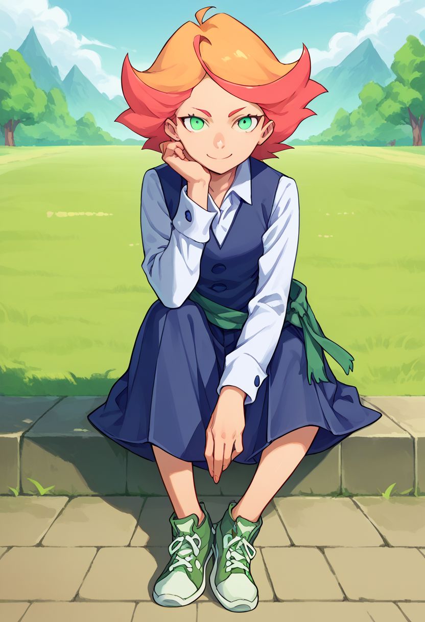 score_9, score_8_up, score_7_up, source_anime, highly detailed, 
amanda, 1girl, solo, orange hair, smile, school uniform, luna nova school uniform, green eyes,
short hair, multicolored hair, looking at viewer, sneakers, sit,
outdoor,