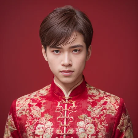 (8k, RAW photo, best quality, masterpiece:1.2), (realistic, photo-realistic:1.4), ultra-detailed, (young male internet celebrity),perfect detail , make up,(upper body shot:1.1),China Jiangnan water town style, a man, a dress with a red and gold pattern on it<lora:nzshs-10:0.8>
