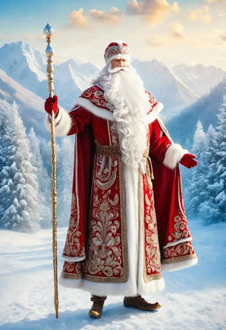 ((best quality)), ((masterpiece)), detailed soft oil painting, detailed background, soft edge lighting, professional, ultra quality, 4k,(masteriece, best quality, 8k, ultra highres, highres:1.4), extremely detailed, 
((a strong man of 60 years old with a long snow-white beard in the image of Russian, slavic Ded Moroz)) 
(standing:2) (full body photo:2) in the snowy forest, 
stands in a snowy forest among snow-covered fir trees, 
in a white fur coat trimmed with swan down or sable fur, embroidered with traditional Russian ornaments in silver - stars, crosses, geese, drawing in the style of oil painting, medium brush strokes, khokhloma style, slavic style, 
On the head is a traditional white warm boyar hat in the shape of a semi-oval, decorated with traditional Russian silver and pearl embroidery, trimmed with swan's down.
on her hands are huge white three-fingered mittens, decorated with traditional Russian silver embroidery.
The fur coat is tied with a white sash, embroidered with traditional Russian patterns.
On his feet are exclusively white felt boots embroidered with silver.
(((With his right hand he holds a long magical crystal staff with a twisted handle. The staff is decorated with a moon and a bull's head))). 
looks at the viewer, cheerful calm kind look, kind smile, cheeks red from frost, 
winter, a bright sunny frosty day, fluffy Christmas trees in snow, snow sparkles under the rays of the sun,
 by Viktor Vasnetsov, by Vasily Surikov