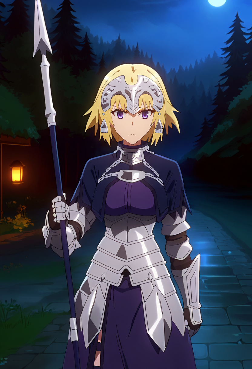 score_9, score_8_up, anime screencap, anime coloring, 
<lora:FateApocrypha_JeanDArcXL:0.8>, JeanDArcFA,
1girl, closed mouth, serious,
blonde hair, purple eyes, short hair,
JeanArmor, headpiece, purple capelet, purple dress, armor, long skirt, purple thighhighs,
holding, polearm,
standing, looking at viewer, thigh gap,
outdoors, night, night sky, dark, forest, blue theme, fog