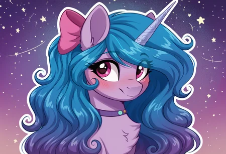 score_9, score_8_up, score_7_up, score_6_up, score_5_up, score_4_up, rating_safe, izzy moonbow, female, g5, mare, pony, solo, unicorn, alternate hairstyle, blushing, bow, bust, chest fluff, choker, hair bow, horn, outline, portrait, stars, eye clipping through hair, detailed, beautiful, <lora:Wholesome-MLP-v1.3b:1>