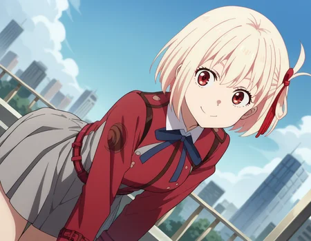 score_9, score_8_up, score_7_up, source_anime,
chisatonishikigi, <lora:chisato-nishikigi-s1-ponyxl-lora-nochekaiser:1>,
chisato nishikigi, short hair, bangs, blonde hair, red eyes, hair ribbon, one side up, bob cut,
shirt, long sleeves, dress, ribbon, white shirt, collared shirt, belt, neck ribbon, red dress, blue ribbon, pleated dress, grey dress, two-tone dress, red belt, lycoris uniform,
outdoors, cityscape, smile, bent over,
looking at viewer, dutch angle, cowboy shot,