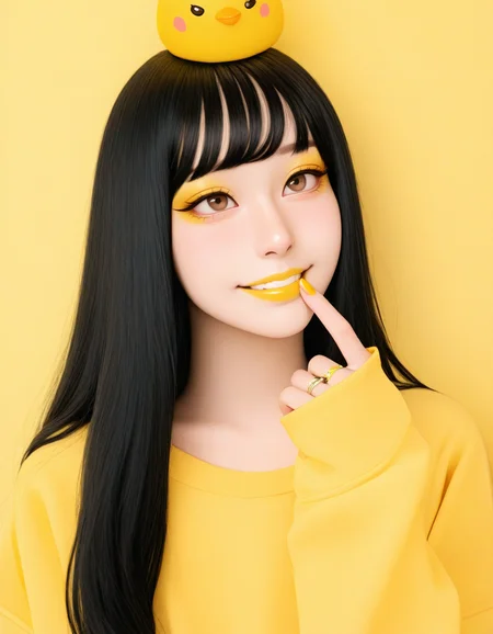 (masterpiece, best quality, ultra-detailed, absurdres, newest, detailed textures, correct anatomy:1), detailed_hands, elegant_fingers, <lora:HaneAme_ILXL:1>, haneame, asian woman, pale skin, makeup, black hair, brown eyes, long hair, streetwear, oversized clothes, sleeves past wrists, contemporary, smile, nail polish, lips, eyeshadow, yellow nails, yellow lipstick, yelow eyeliner, yellow theme, rings, <lora:g0thicILL:0.25>, g0thic, neon, (kidom:0.25), <lora:KoreanStyleSDXLvpred10:0.25>, aikoreanstyle, korean, asian, <lora:모ë¹ë:0.25>, looking up, cute chick on head, portrait, toothy_smile, finger to mouth