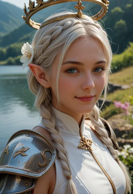 score_9_up, score_8_up, score_7_up, score_6_up, 1girl, solo, 25 years old, perfect face, (adult), sexy, 
blush, shy smile, portrait, face focus, depth of field, looking at viewer, close up, 
white hair, braids, crown braid, twin braids, hair flower, hair ornament, 
elf ears,
mechanical halo, shoulder armor, white dress, 
scenery, lake, fantasy architecture,