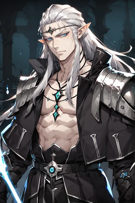 drukhari, score_9_up, score_8_up, score_7_up, score_6_up, solo, 1boy, zPDXLxxx, rating_explicit, male elf, brieg, devious smirk, lanky, sharp face, narrow face, white hair, long hair, masculine, blue eyes, black clothing with silver accents, circlet, open shirt, abs, pectorals, pale white skin, pointy ears, dark fantasy art, grimdark, best_quality, masterpiece, dark cold color scheme, valorant style, dvs, head down, Drukhari, spiked armor, dark armor, Drukhari armor, aeldari <lora:sxz-valorant-smol-v2-pdxl:0.2> <lora:Concept Art DarkSide Style LoRA_Pony XL v6:0.9> <lora:Brieg_-_Epic_Seven:0.8>