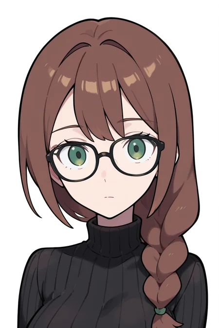 {{masterpiece,best quality,amazing quality,absurdres}}, {{flat shading, cel shading}}
BREAK
1girl, solo, simple background, looking at viewer, portrait, brown hair, single braid, bangs, green eyes, glasses, large breasts, black sweater, turtleneck, ribbed sweater, vertical stitch, expressionless
<lora:Pokemon_Style:1>