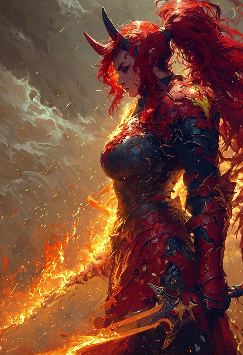 score_9, score_8_up, score_7_up, score_6_up, score_5_up, score_4_up,(green Soul Knight, HD, masterpiece, best quality, hyper detailed, ultra detailed, super realistic, green flames cooming from the body:1.2) Oni, Reika, Zeriastra, Skybreaker,1girl, solo, adult, tall female, golden eyes, red makeup, red hair, streaked hair, long hair ponytail, ponytail, short hairs, red and black horns, spiky horns, breasts, large round breasts, muscular, (thick thighs:0.6), (serene:0.9),
