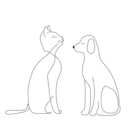 aaAR7la, masterpiece, best quality, aesthetic, highres, one line drawing, (2 different animals), 1cat and 1dog, kiss, animal focus, no humans, intriguing details, full body, cute