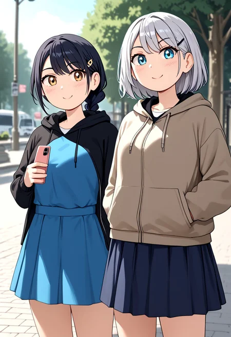 score_4,score_5,score_6,score_7_up,score_8_up,score_9 ((masterpiece,best quality,ultra detailed,highres,HD,4k:1.2)), 
2 girls,
hood down, hairclip, braid, =3, hand in pocket, outdoors,thumbs up, medium breasts, :>, smartphone, blue skirt,