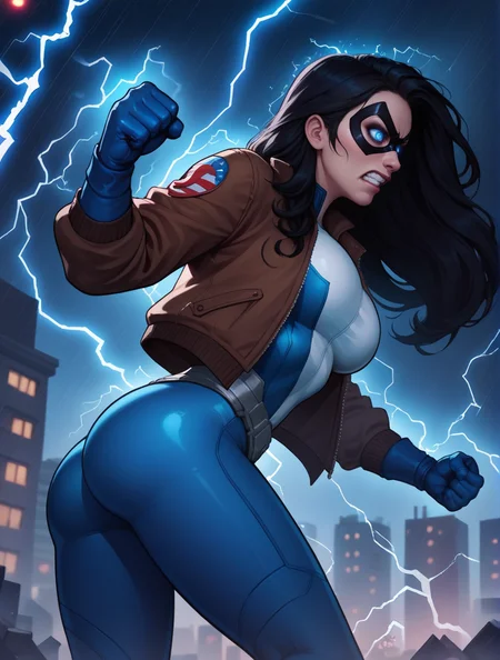 score_9, score_8_up, score_7_up,score_6_up, score_5_up, score_4_up , 1girl, solo,
large breasts,
dreamerdg,
long hair, black hair,
blue bodysuit, blue gloves, superhero, domino mask,
glowing eyes, blue eyes, lightning glare,
clenched teeth,
fighting stance, leaning forward, clenched hands,
from behind, ass, profile,
from below,
electricity, aura,
city, night, rain, storm, debris, city lights,
bomber jacket, brown jacket,
<lora:Dreamer DG PonyXL V1-000002:1>