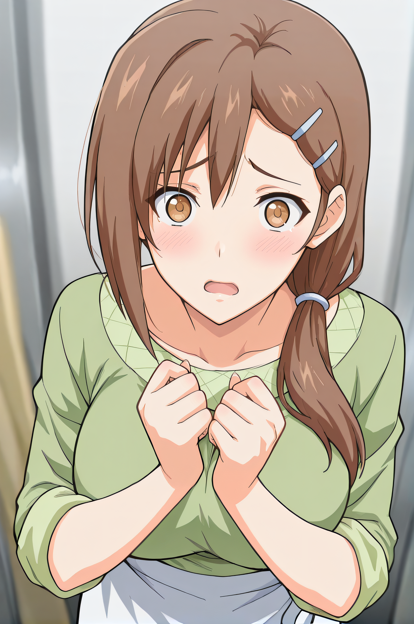 masterpiece, best quality, highres, newest, 1girl, solo, official style, <lora:IL_Hiura_Shiori:1>, shiori, brown hair, brown eyes, hairclip, hair over shoulder, low ponytail, large breasts, green shirt, rolled_up_sleeves, white skirt, looking at viewer, indoor, cowboy shot, sad expression, surprised, open mouth, hands up, blush