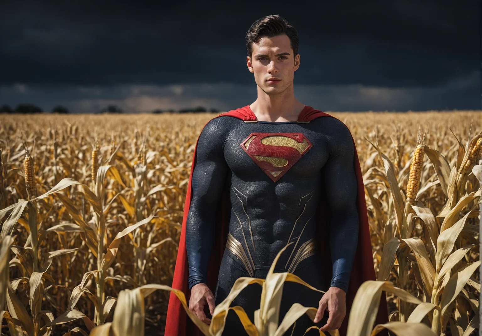 Source_photo, score_9, score_8_up, score_7_up, score_6_up, photo, very aesthetic, young superman, superman cape, in a field of corn, smallville, toned fit body, surreal dark art, trending on artstation, black oled background, bloom, moody artistic, detailed face, RAW photo, detailed photograph,8K,extreme photography,masterpiece,trending,pulls the viewer in,expert use of shading gives a 3d effect,(photorealistic:1.6),film grain,photographed on a Sony A7R IV,18mm F/1.7 cine lens,(highly detailed, intricately detailed),HDR,. shallow depth of field,vignette,highly detailed,vivid contrast and color,Hyperrealistic art cinematic film still photography in the style of detailed hyperrealism photoshoot,Ultra-HD-details, shallow depth of field, vignette, highly detailed, high budget, cinemascope, moody, epic, gorgeous, film grain, grainy <lora:add-detail-xl:0.8> midjourneyv6.1, casting shadow style, cucoloris patterned illumination